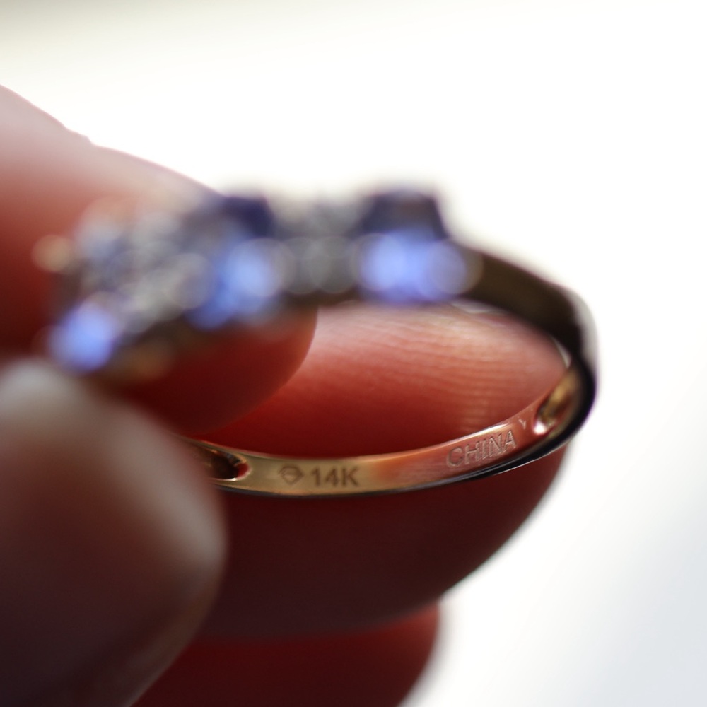Three-Stone Blue Sapphire and Diamond Gold Ring 14k - Picture 8 of 9
